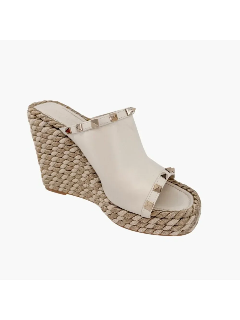 Valentino Rockstud Torchon Espadrille Wedge Sandals White Leather Size 39 US 9